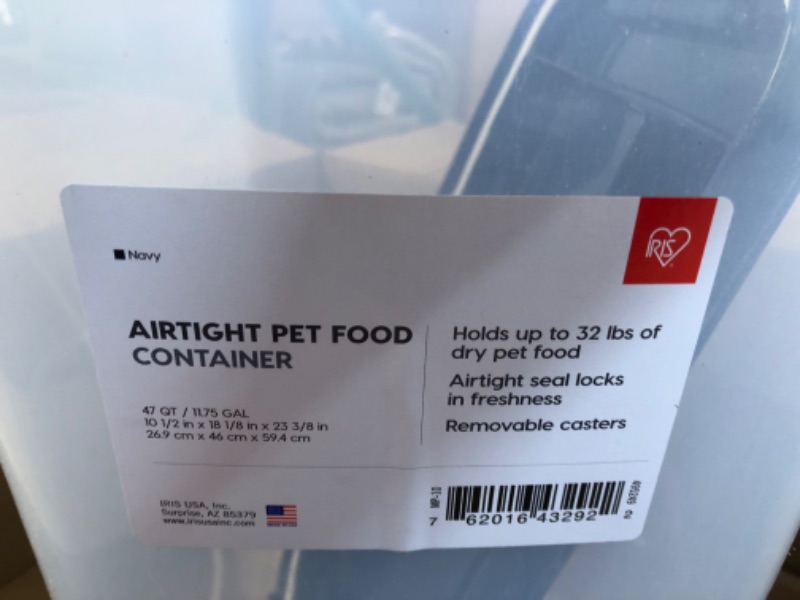 Photo 1 of *Used* IRIS USA WeatherPro Airtight Pet Food Storage Container, Navy 35 Lbs - 47 Qt