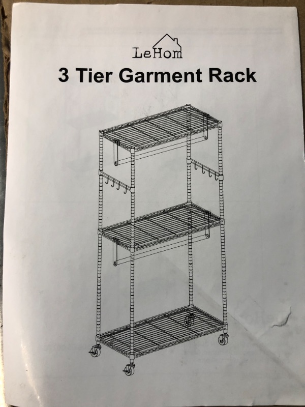 Photo 2 of *Used* LEHOM G1 3 Tiers Garment Rack with Storage Shelves, with Double Rods/Lockable Wheels & 2 Side Hooks, White 