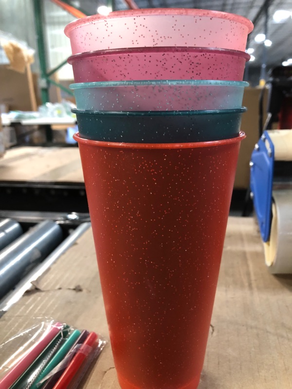 Photo 2 of 5 Glitter Reusable Cups with Lids and Straws, 24 oz, Vivid Sparkle