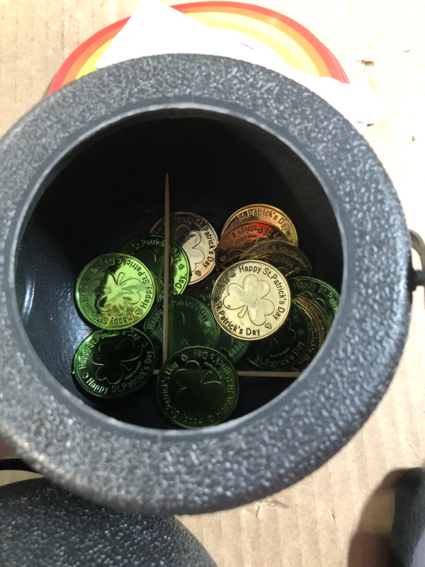 Photo 4 of *Unknown if missing pieces* 112 Pcs St. Patrick's Day Decorations Set, Black Mini Pot of Gold Buckets, Green and Gold Lucky Shamrock Plastic Coins Bead Necklace, Rainbows