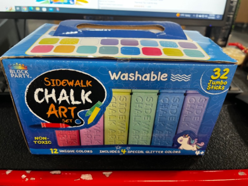 Photo 2 of Block Party Sidewalk Chalk 32-Piece Art Set - BIG BOLD Colors Includes 4 Glitter Chalk That Sparkle, Square Non-Roll Kids Chalk, Washable