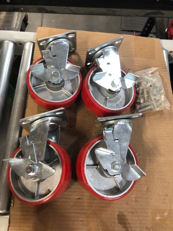 Photo 2 of 6" X 2" Swivel Casters Heavy Duty Polyurethane Wheel on Steel Hub with Top Lock Brake 1250lb Ea (4) Tool Box Casters - 5,000 lbs Capacity Set of 4