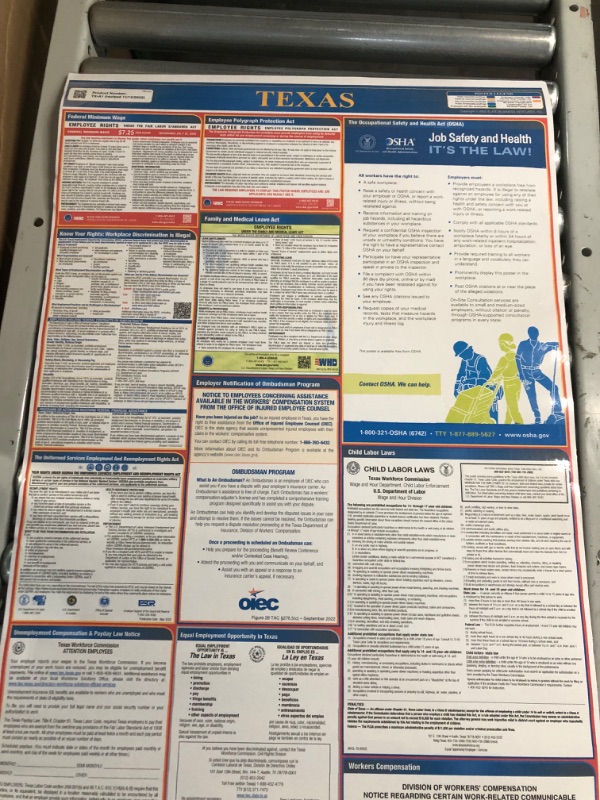 Photo 4 of Texas 2023 Labor Law Poster – All in One State and Federal Laminated 21” x 50” Poster – Updated EEOC, Workers’ Compensation Ombudsman Program, Child Labor Laws and Minimum Wage Requirements – Remote Employee Solution