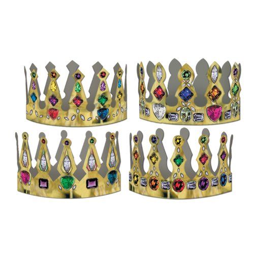 Photo 1 of Beistle 72 Piece Printed Paper Medieval Theme Jeweled King Queen Crowns Mardi Gras Dress up Costume Accessories, One Size, Multicolor