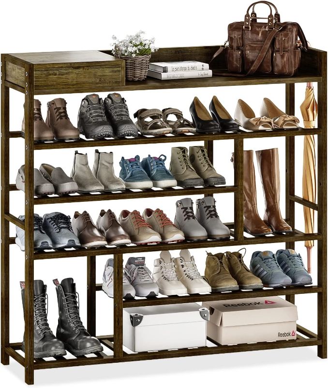 Photo 1 of Bamworld Shoe Rack Organizer for Closet Shelf Entryway 6 Tier Bamboo Solid Wood for 24 Pair Boots with Storage Box (Dark Brown)
