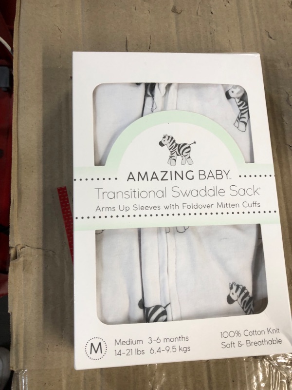 Photo 2 of Amazing Baby Transitional Swaddle Sack with Arms Up Half-Length Sleeves and Mitten Cuffs, Little Zebra, Medium, 3-6 mo, 14-21 lbs (Better Sleep for Baby Boys, Baby Girls, Easy Swaddle Transition) Little Zebra Medium (14-21 Pound)