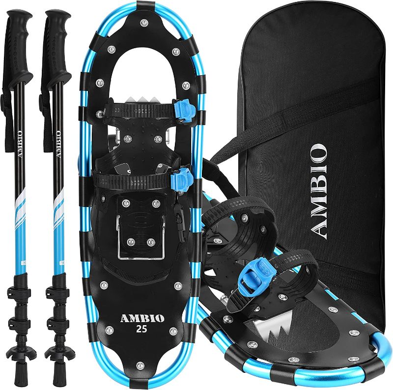 Photo 1 of AMBIO Lightweight Snowshoes for Men Women Youth Kids, Aluminum Alloy Terrain Snow Shoes with Leg Gaiters and Carrying Tote Bag 25" (120 - 200 lbs) Black (snowshoes+pole)