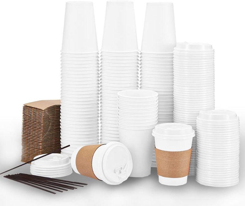 Photo 1 of 
[100 Sets] 12 oz Disposable Coffee Cups with Lids Sleeves and Stirrers, White Paper TO GO Coffee Cups,