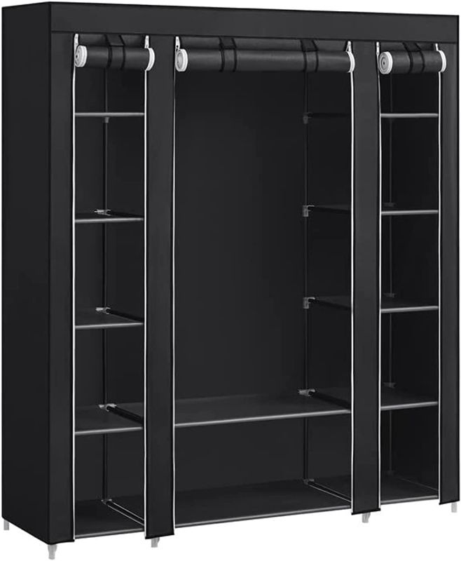 Photo 1 of SONGMICS Closet Wardrobe, Portable Closet for Bedroom, Clothes Rail with Non-Woven Fabric Cover, Clothes Storage Organizer, 59 x 17.7 x 69 Inches, 12 Compartments, Black ULSF03H