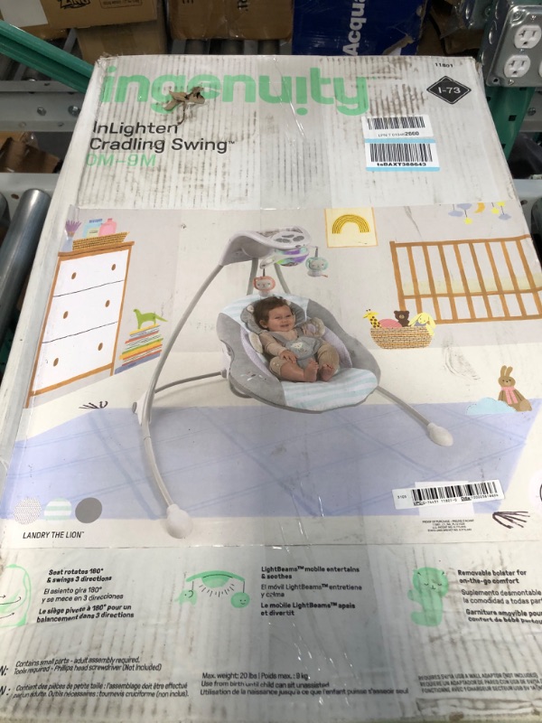 Photo 2 of Ingenuity InLighten 6-Speed Baby Swing - Easy-Fold Frame, Swivel Infant Seat, Nature Sounds, Light Up Mobile - Landry The Lion (Grey) Landry the Lion Swing