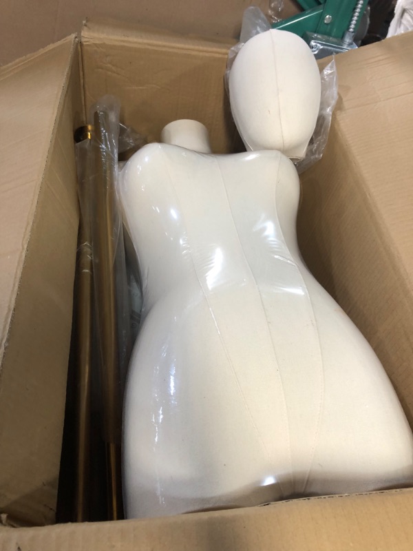 Photo 1 of Mannequin Body Female Dress Form Linen Fabric Manikin Torso with Detachable Head Adjustable Height Metal Stand, Two Wooden Hands