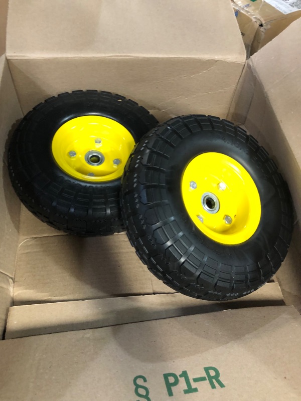 Photo 2 of (2-Pack) 10-Inch Solid Rubber Tires and Wheels - Replacement 4.10/3.50-4" Tires and Wheels with 5/8" Double Sealed Bearings, 2.17" Offset Hub - Perfect for Gorilla Carts Wheelbarrow, Color Yellow