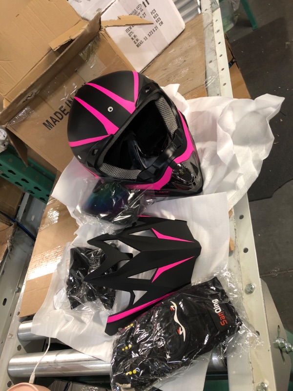 Photo 2 of *APPEARS NEW* Anti-Collision Dirt Bike Helmet Trend Skull ATV DOT Approved BMX Helmet, Mask Goggles Gloves, Dirt Bike Downhill Off-Road Helmet 4-Piece Set Pink Large