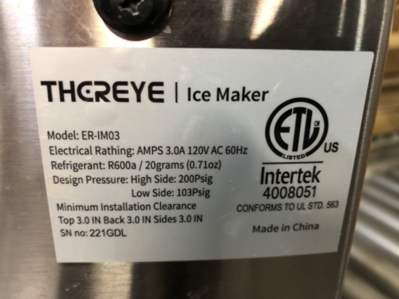 Photo 5 of *USED* Thereye Countertop Nugget Ice Maker, 30lbs Per Day, 2 Ways Water Refill, 3Qt Water Reservoir & Self-Cleaning, Stainless Steel Finish 