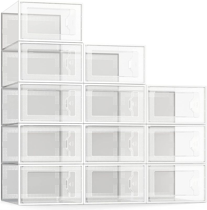 Photo 1 of SEE SPRING Large 12 Pack Shoe Storage Box, Clear Plastic Stackable Shoe Organizer for Closet, Space Saving Foldable Shoe Rack Sneaker Containers Bins Holders (White)

