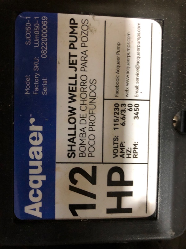 Photo 3 of ***USED/DAMAGED*** Acquaer 1/2HP Shallow Well Jet Pump,Cast Iron, Well Depth Up to 25ft, 115V/230V Dual Voltage, Automatic Pressure Switch,Versatile Pump for Garden, Lawn, Farm