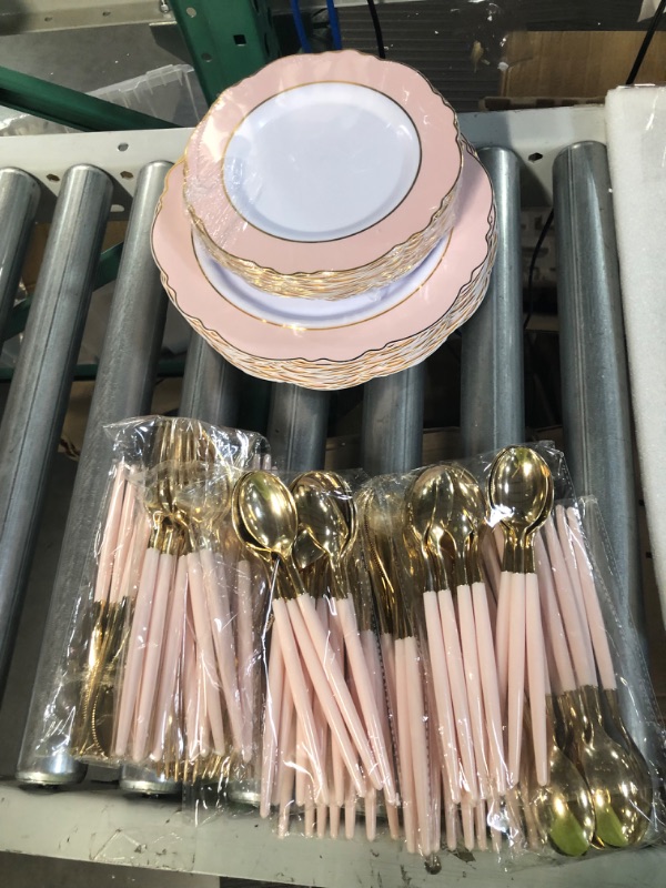 Photo 2 of ***PREVIOUSLY OPENED*** WDF 30Guest Pink Plastic Plates & Gold Plastic Silverware With Pink Handle-Baroque Pink &Gold Plastic Dinnerware for Upscale Wedding &Parties, Mother's Day