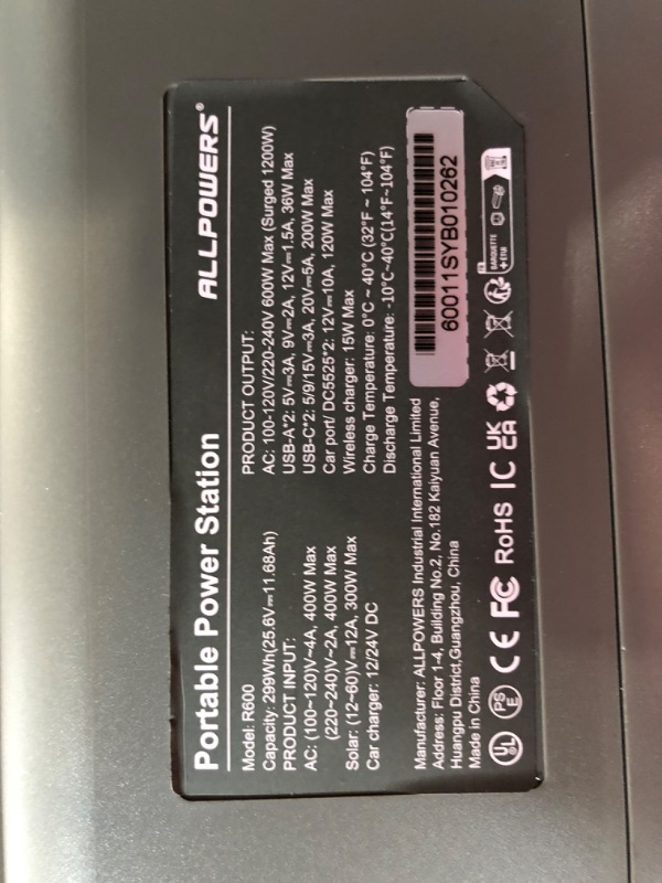 Photo 6 of [See Notes] ALLPOWERS R600 Portable Power Station 600W, 299Wh LiFePO4 Battery Backup 400W Input