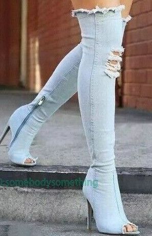 Photo 1 of Womens Denim Stilettos High Heel Boots Over The Knee Boots Open Toe Cowboy Boots