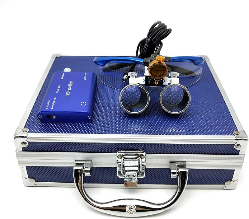 Photo 1 of Dental Power Dental Binocular Loupes 3.5X 420mm + LED Head Light Lamp +Aluminum Box (Blue) by Dental Power