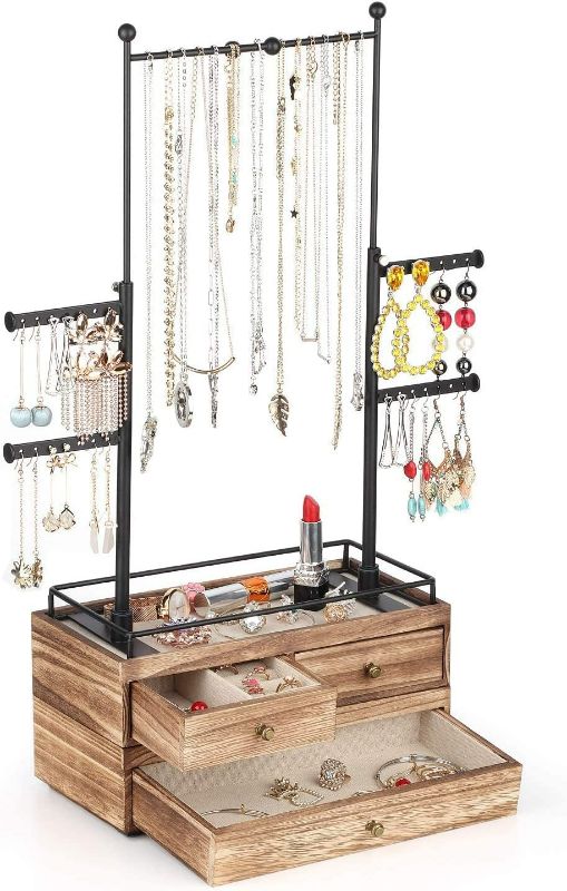 Photo 1 of Jewelry Organizer - 2 Layer Wooden Jewelry Drawer Storage Box with 6 Tier Jewelry Tree Stand, 