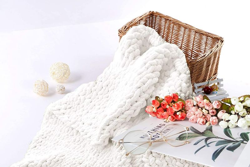 Photo 1 of Abound Chunky Knit Blanket Throw (50"x60", 5 lbs) - Chenille Yarn Knitted Blanket - Crochet Blanket - Cable Knit Throw Blanket - Couch, Bed, Weighted Chunky Blanket, Gift - Machine Washable (White)
