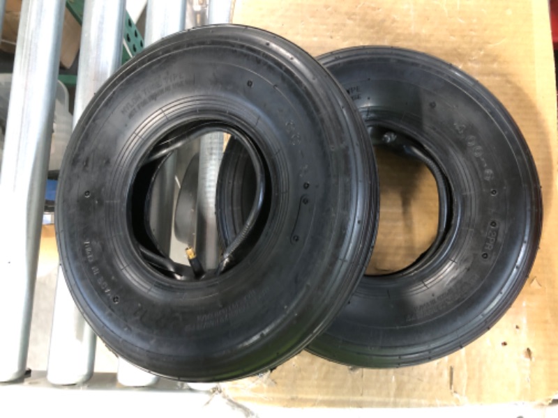 Photo 2 of (2 Sets) 4.00-6 Replacement Pneumatic Tires and Inner Tubes - Universal Fit 13” Tires and Tubes Compatible with Wheelbarrows and Gorilla Carts - With Ribbed Treads and TR13 Straight Valve Stems