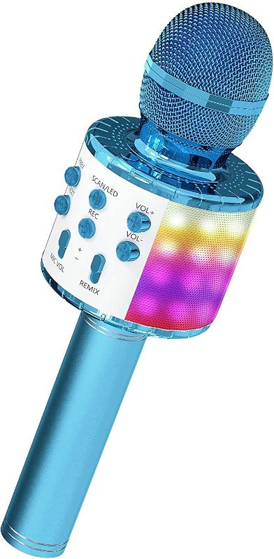 Photo 1 of OVELLIC Karaoke Microphone for Kids, Wireless Bluetooth Karaoke Microphone with LED Lights (Blue)