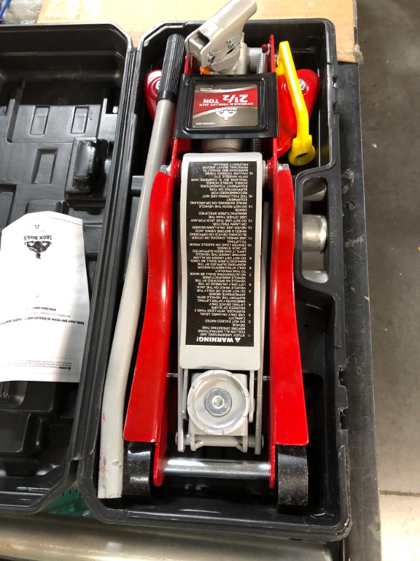 Photo 1 of JackBoss Torin Hydraulic Low Profile Floor Jack 2.5 Ton (5,000 lb) Capacity Trolley Jack with Quick Lift Pump and Portable Storage Case, Red, T825010