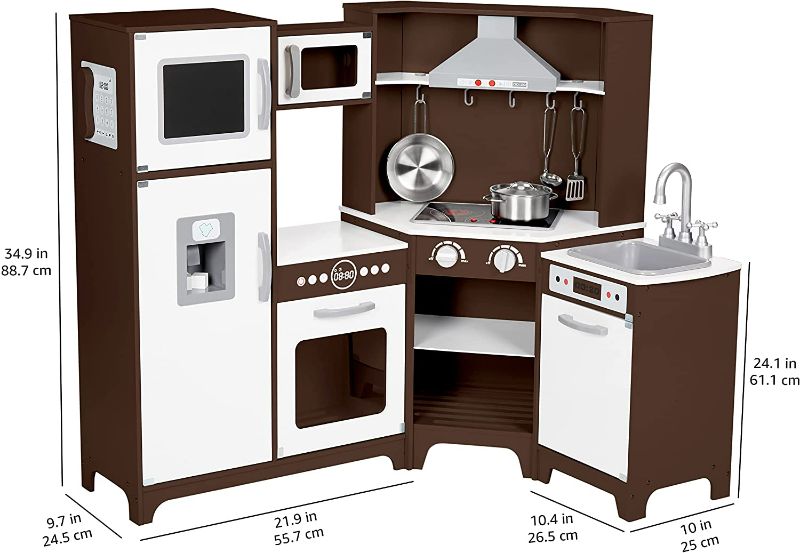 Photo 2 of Amazon Basics Kids Corner Wooden Kitchen Playset with Interactive Doors, Knobs, and Lights - 39 x 28 x 35 Inches - Espresso/Gray