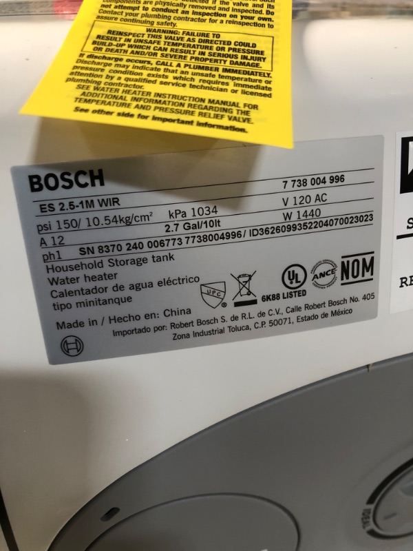 Photo 3 of  UNABLE TO TEST  - Bosch Electric Mini-Tank Water Heater Tronic 3000 T 2.5-Gallon -
