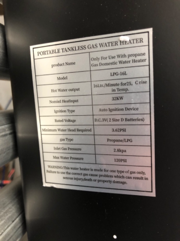 Photo 3 of *SEE NOTES* Tankless Water Heater 4.21GPM 16L Outdoor Portable GasHot Water Heater