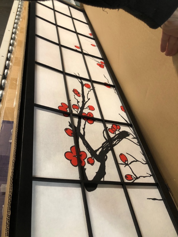 Photo 2 of **USED** SEE PICTURE OR SMALL CUT**Roundhill Furniture Black Japanese 4-Panel Screen Room Divider, Plum Blossom