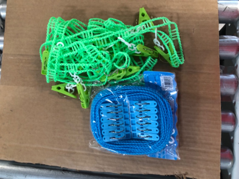 Photo 2 of 2 Pack Clothesline Clothes with 24 pcs Clips Blue & Green