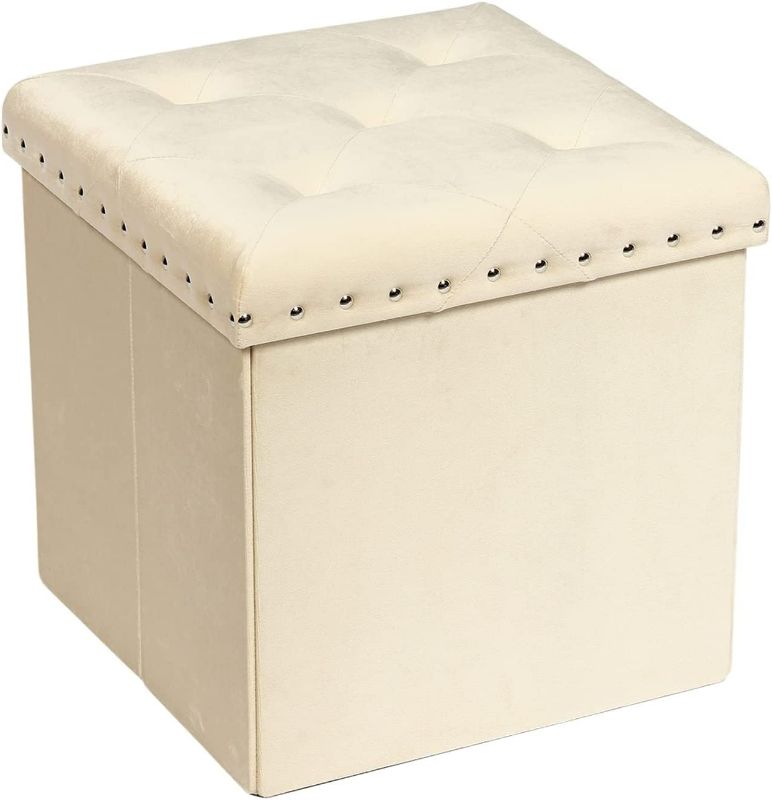 Photo 1 of PINPLUS Beige Folding Storage Ottoman Cube, 16inch Velvet Tuffed 