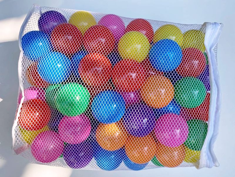 Photo 1 of 100 Soft Plastic Ball Pit Balls, Phthalate & BPA Free, Non-Toxic, No Sharp Edges, Crush Proof, Ball Pits for Toddlers, 6 Vibrant Colors in Reusable & Durable Storage Mesh Bag with Zipper
