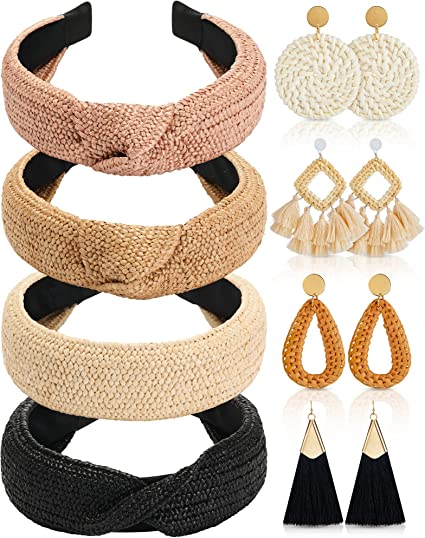 Photo 1 of 8 Pack Rattan Earrings Straw Headbands Set