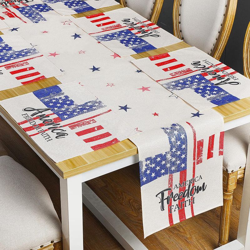 Photo 1 of 4th of July Table Runner with Placemat Set of 6 Independence Day Table Mats Red White Blue Stars Stripes Table Runner America Freedom Faith Patriotic Table Runners Memorial Day Party Supplies Decor
