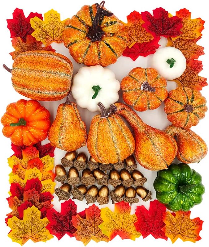 Photo 1 of Artificial Pumpkin, Simulation Pumpkins House Decoration Halloween, Thanksgiving, Christmas, Autumn Decoration Artificial Fake Maple Leaves, Artificial Fake Acorns and Fake Pumpkin Assorted