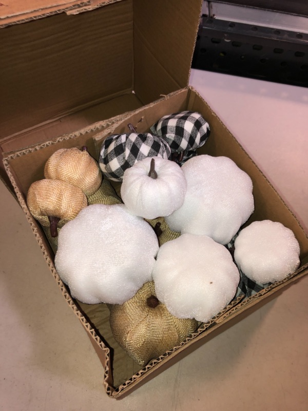 Photo 3 of 16 Pcs Artificial Pumpkins Assorted Fall Pumpkins White Pumpkins Burlap Pumpkins Rustic Pumpkins for Fall Harvest Thanksgiving Halloween Fireplace Decorations