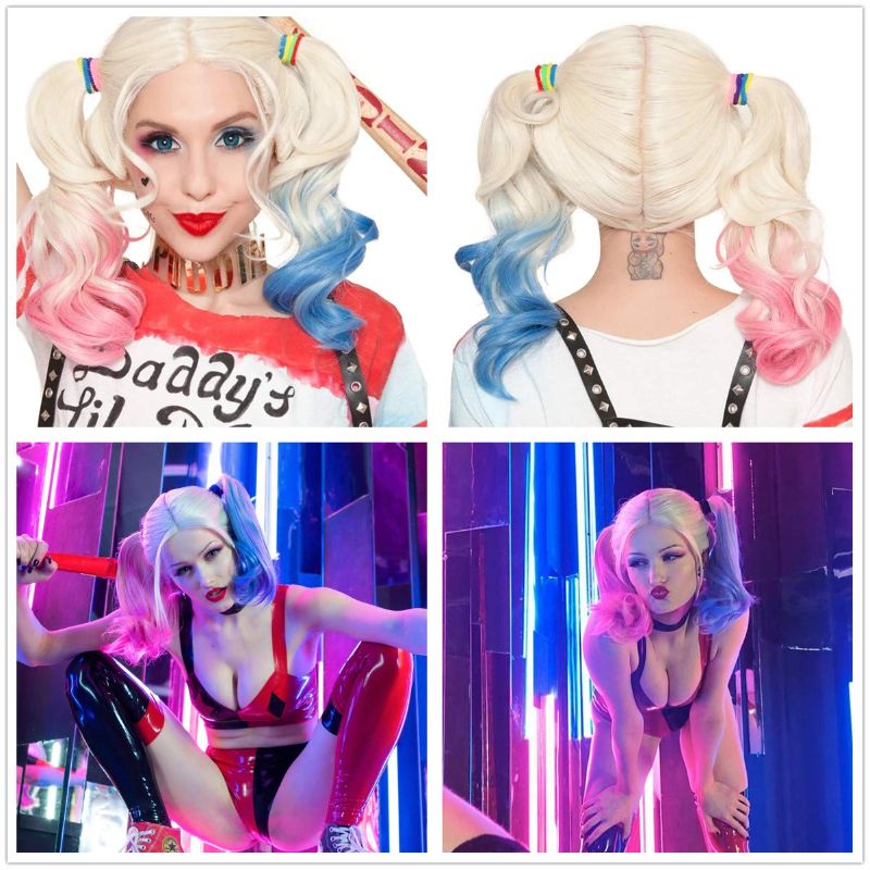 Photo 3 of Bopocoko Blonde Wigs for Women Costume with 2 Ponytails Braided Pink Blue Cute Wigs for Party Halloween BU233BP