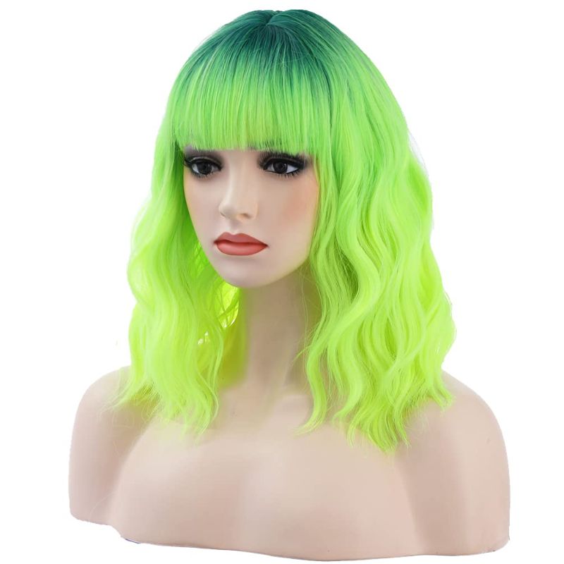 Photo 1 of BERON 14 Inches Neon Green Wig Short Curly Wig with Bangs Dark Root Ombre Green Wig Synthetic Wigs Women Girls Ombre Wig with Wig Cap