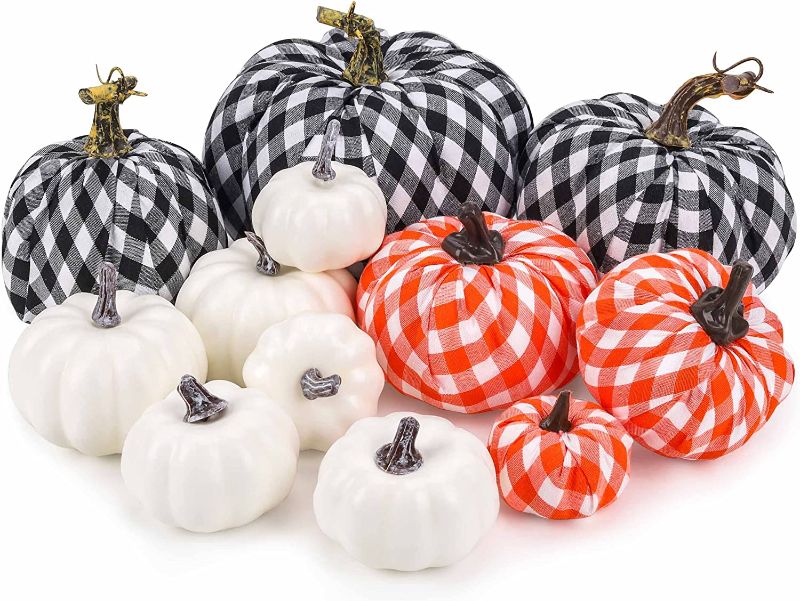 Photo 1 of 12pcs Artificial Pumpkins Decor Fake Decorative Pumpkins with Assorted Color and Size for Fall Outdoor Thanksgiving Halloween Table Decorations