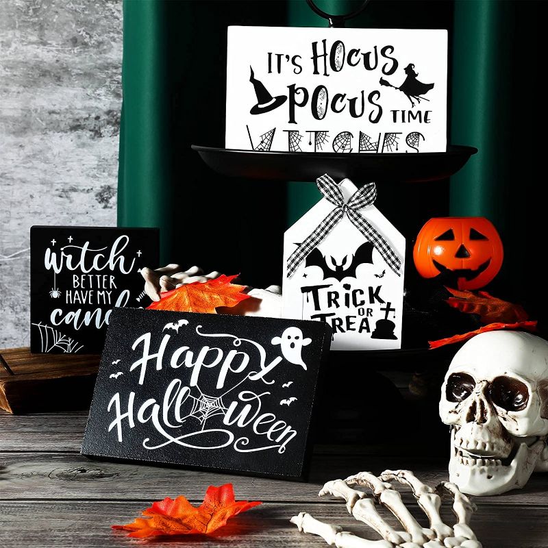 Photo 1 of 4 Pieces Halloween Tier Tray Decorations Black and White Halloween Tiered Tray Sign Rustic Witch Candy Wooden Tray Signs for Farmhouse Decoration Halloween Party Supplies Kitchen Living Room Decor