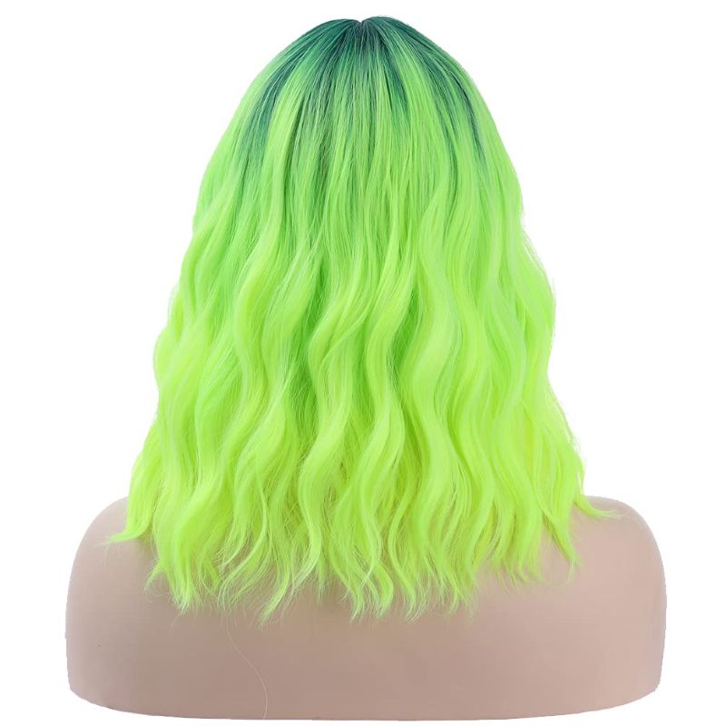 Photo 2 of BERON 14 Inches Neon Green Wig Short Curly Wig with Bangs Dark Root Ombre Green Wig Synthetic Wigs Women Girls Ombre Wig with Wig Cap