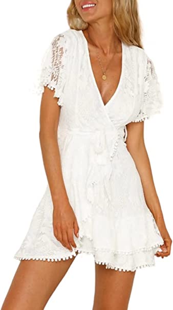 Photo 1 of FARYSAYS Womens Lace Wrap Mini Dresses Floral V Neck Ruffle Short Dress with Belt SIZE SMALL