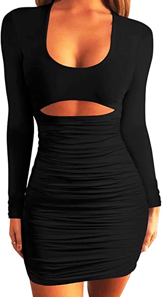 Photo 1 of DAAWENXI Women's Long Sleeve Sexy Cut Out Scoop Neck Ruched Bodycon Midi Dress SIZE LARGE 
