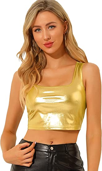 Photo 1 of Allegra K Women's U Neck Sleeveless Party Clubwear Holographic Shiny Metallic Crop Top
, SIZE M