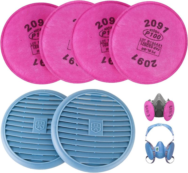 Photo 1 of 4 PCS (2 Pack) 2091 P100 Particulate Filter Compatible with 2091?Installed on P100 Filter Retainer Replacement for 6000 6200 6800 7000 FF-4?with 1Pairs Waterproof Filter Cover?
