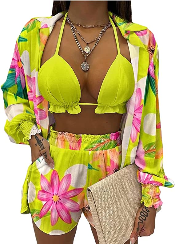 Photo 1 of CCIGO Womens 3 Piece Outfits Floral Shirt Bra + Shorts with Pockets Casual Tracksuits Set Beach Cover up Sets
, SIZE SMALL